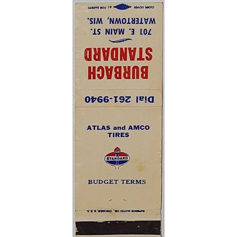 Vintage Matchbook Cover Burbach Standard Watertown WI Wisconsin Atlas Tires - Picture 2 of 5